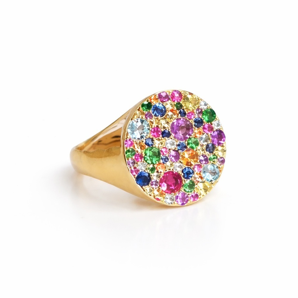 Gold Tone Multicolored Gemstones Rainbow Signet Ring Size 8